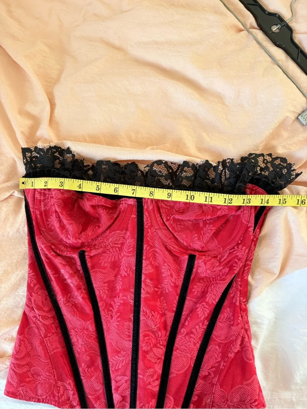 VNTG Victoria’s Secret Red Black Lace Trim Corset Top Boning Saloon Sexy 34C - Picture 7 of 8